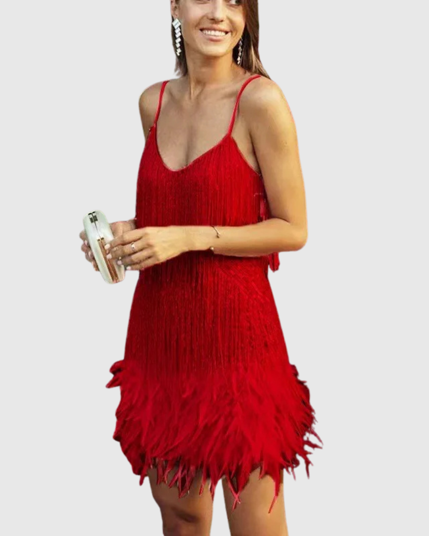 Isimay | Robe de Cocktail avec Franges en Plumes