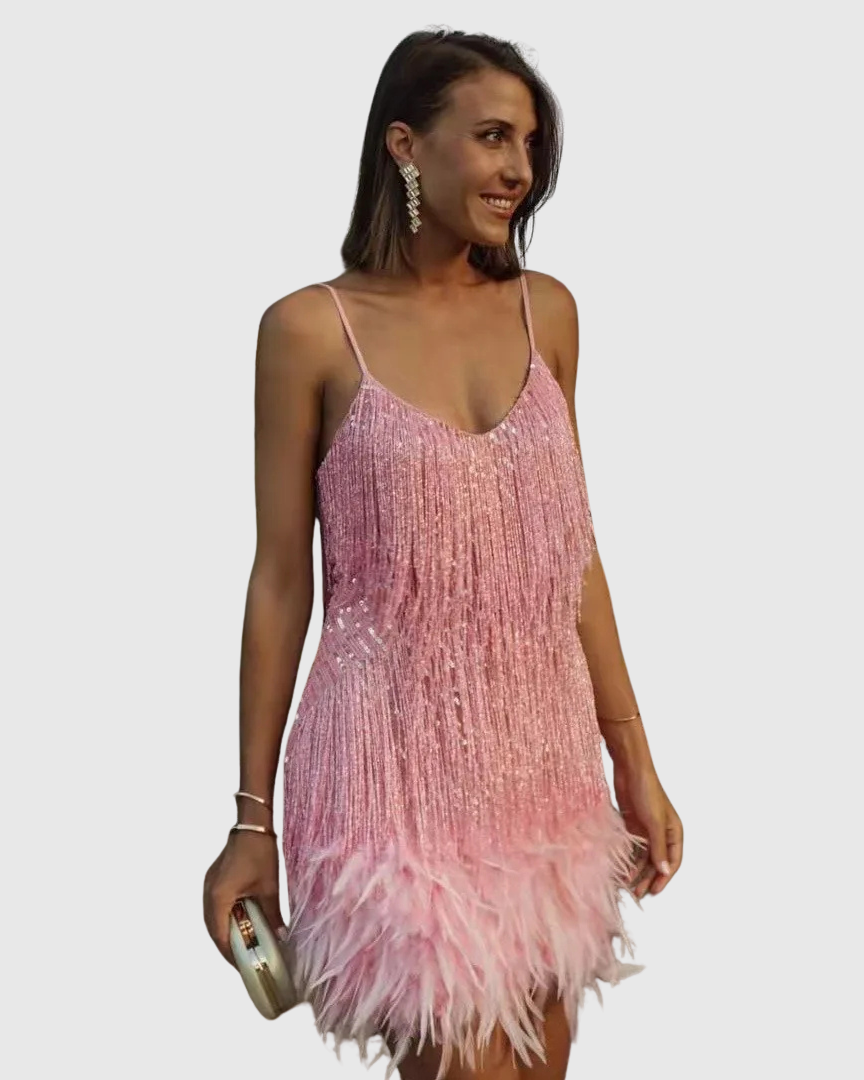 Isimay | Robe de Cocktail avec Franges en Plumes