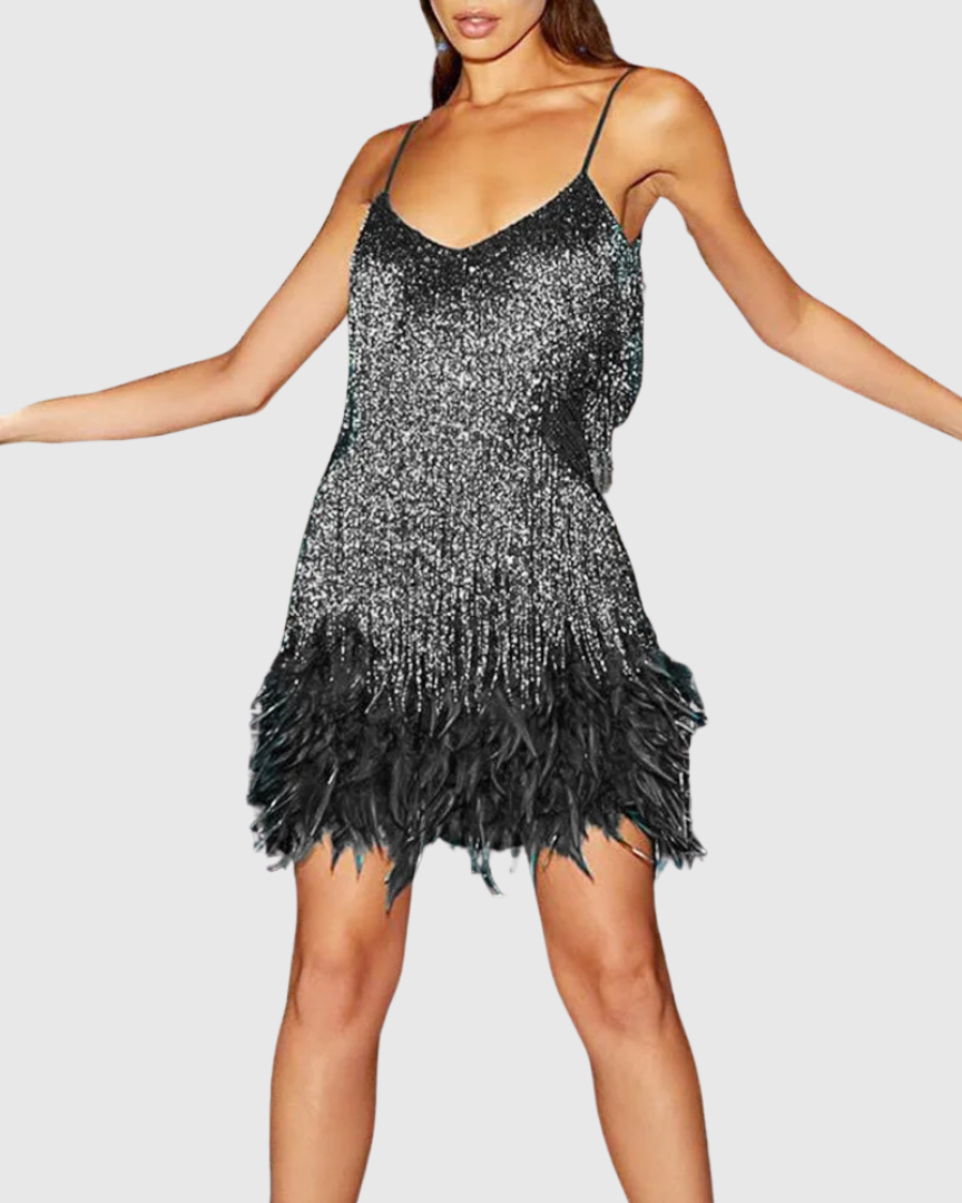 Isimay | Robe de Cocktail avec Franges en Plumes