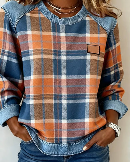 Anika | Pull décontracté à col rond avec patchwork en denim
