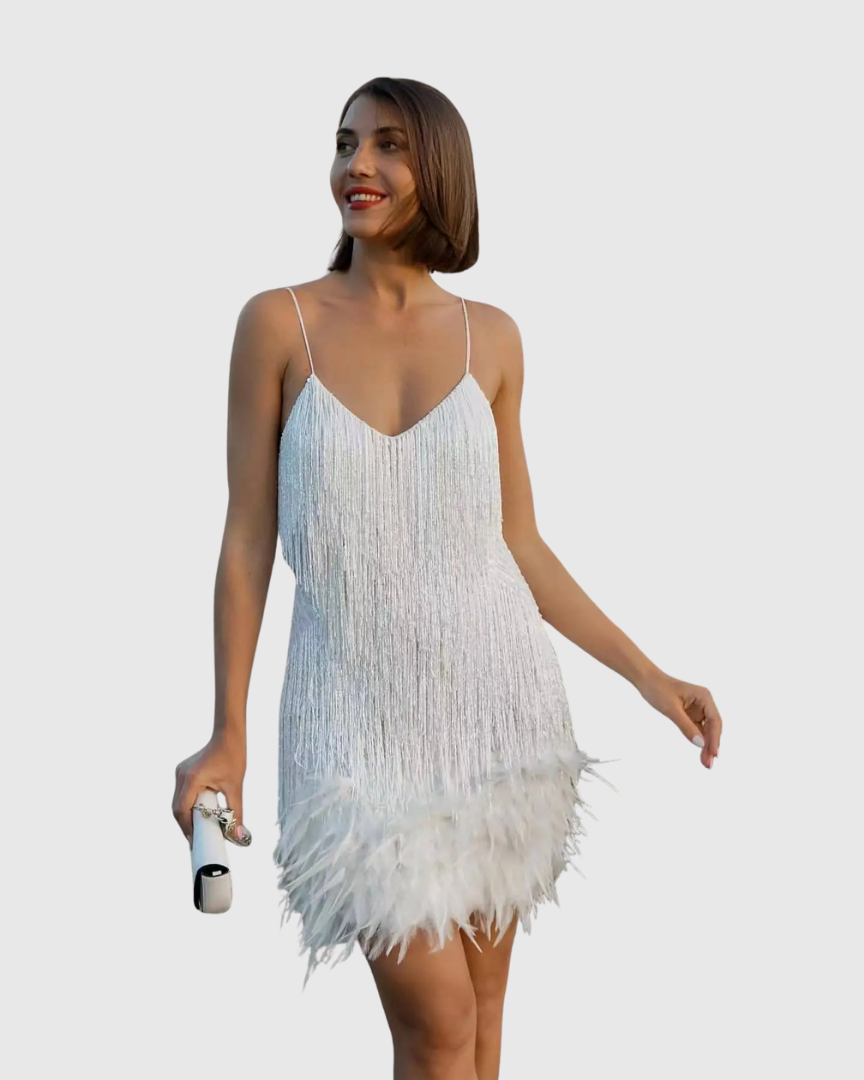 Isimay | Robe de Cocktail avec Franges en Plumes