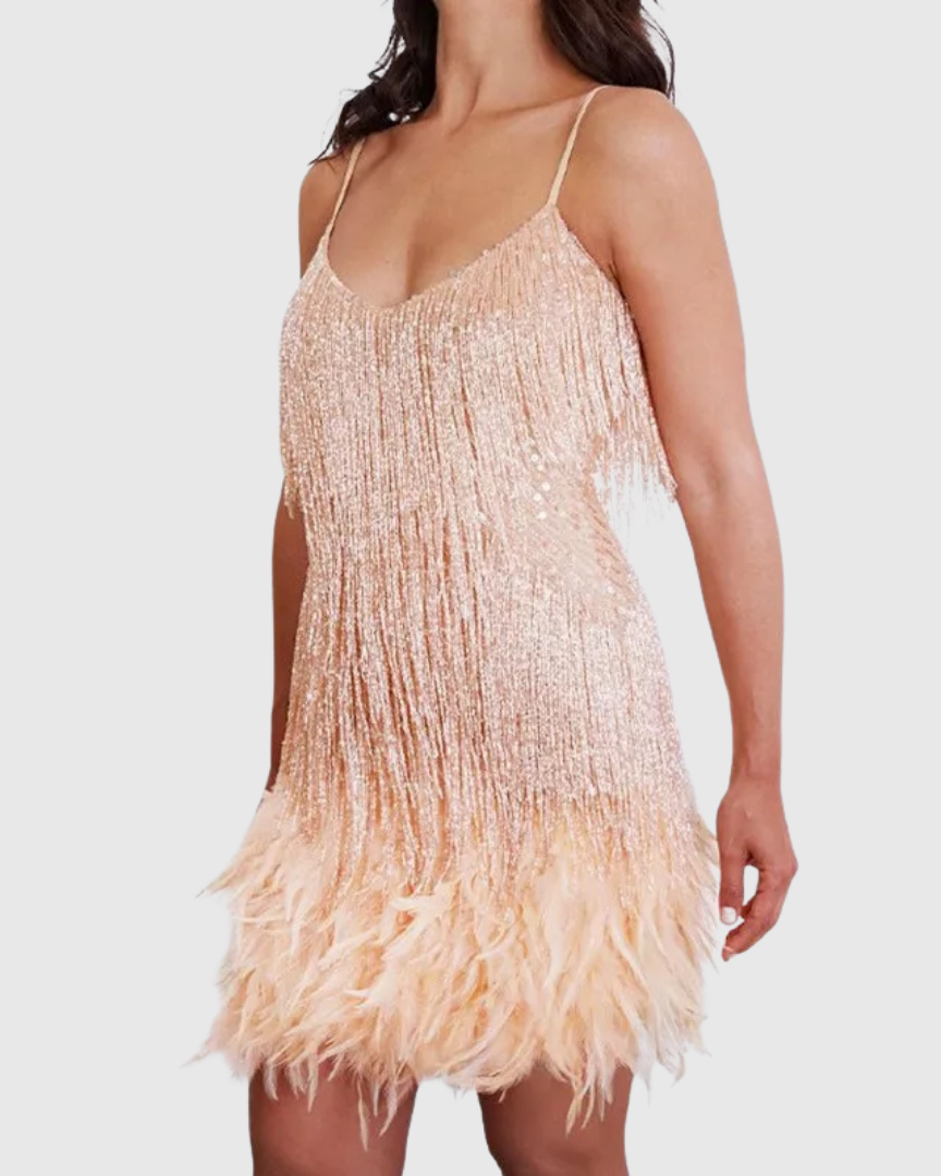 Isimay | Robe de Cocktail avec Franges en Plumes