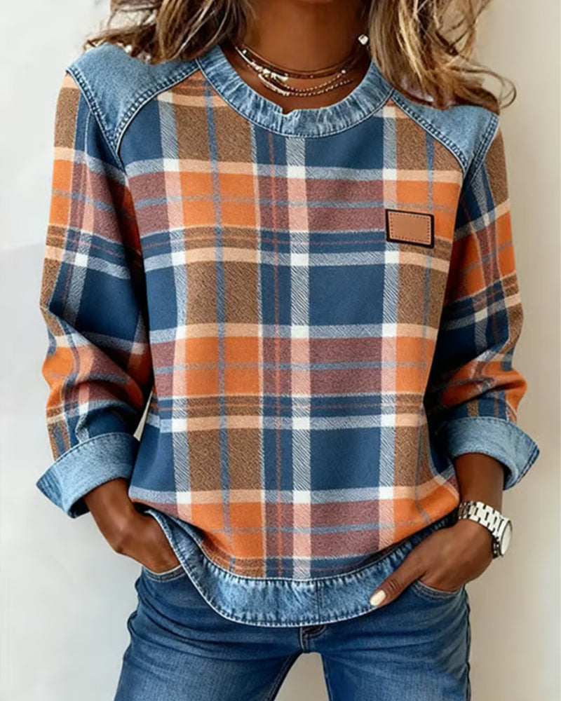 Anika | Pull décontracté à col rond avec patchwork en denim