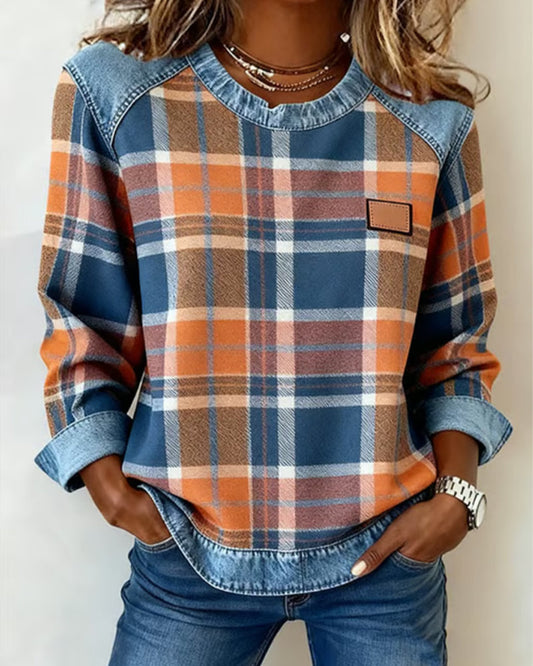 Anika | Pull décontracté à col rond avec patchwork en denim
