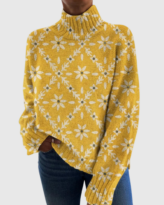 Cerys | Pull à Col Roulé en Maille Vintage à Blocs de Couleurs et Motifs Floraux