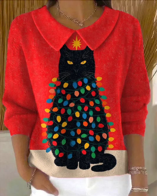 Mila – Blouse de Noël en maille avec motif chat
