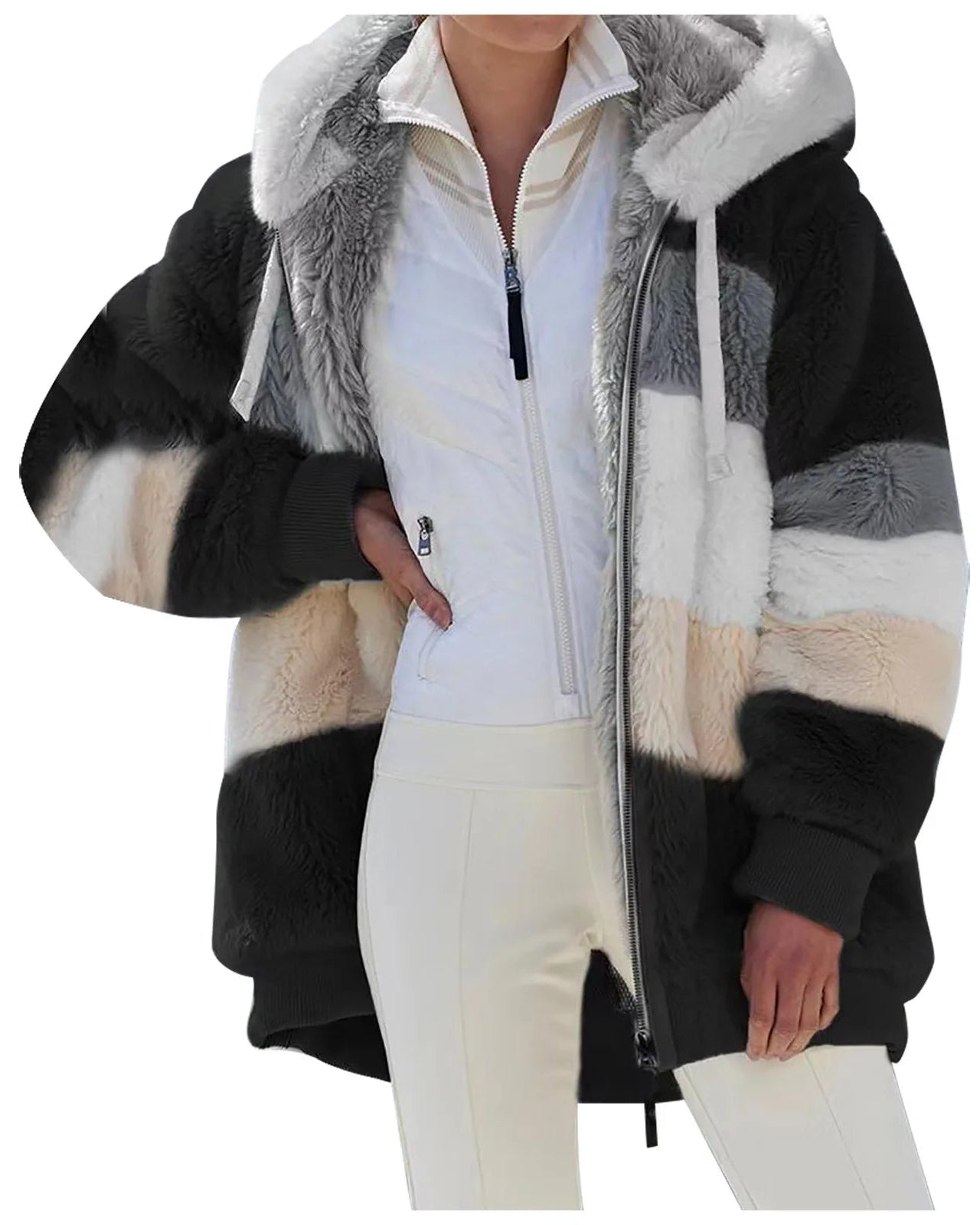 Camille | Veste à capuche en polaire à rayures – douceur et style d’automne