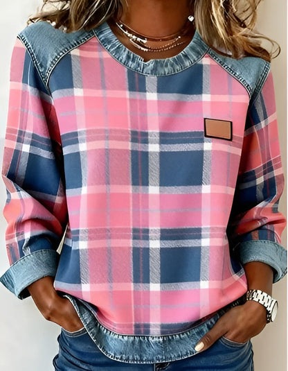 Anika | Pull décontracté à col rond avec patchwork en denim
